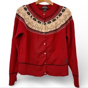 Woolrich cotton blend Ruby Red Cream Cardigan Sweater Nordic Fair Isle Large